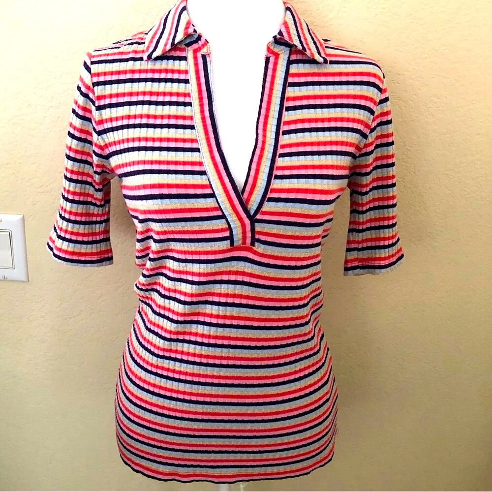 Trina Turk Multicolor and Gold Striped Stretchy Deep V-Neck Top
